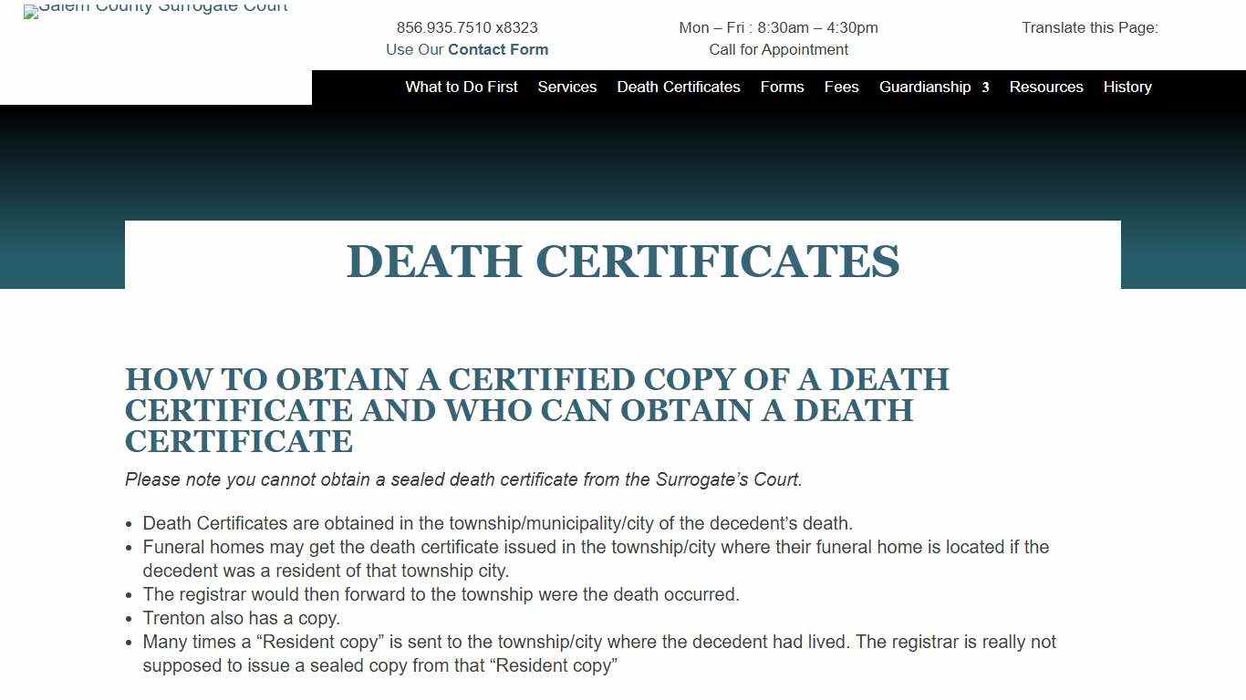 Death Certificates Salem County Surrogate's Court